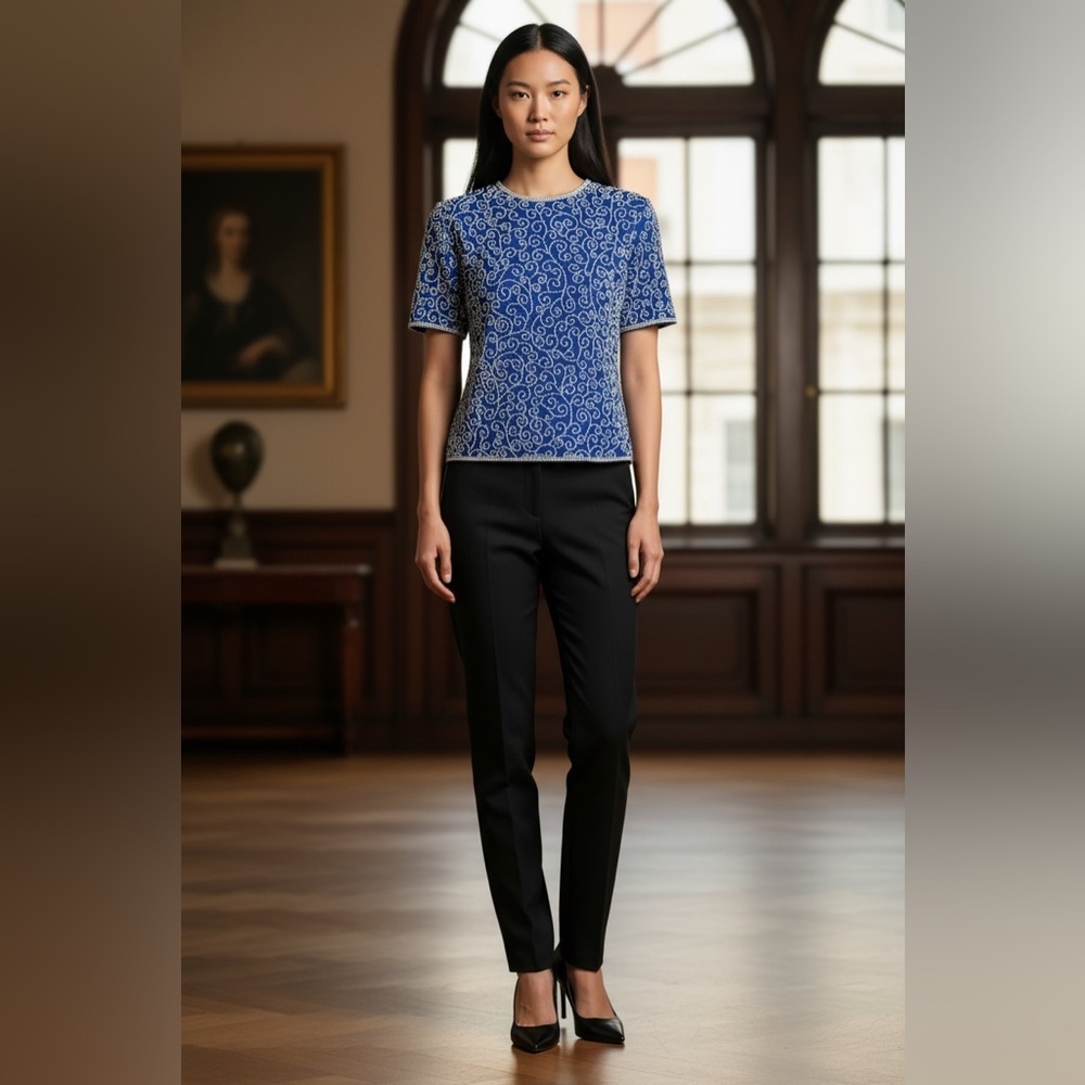 Vintage Laurence Kazar Silk Fully Beaded Pearl Top Petite PP Blue